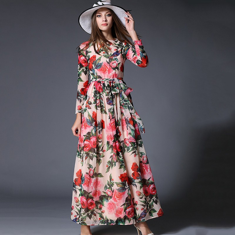 TingYiLi Floral Maxi Dress Long Sleeve Printed Chiffon Dress Bohemian ...