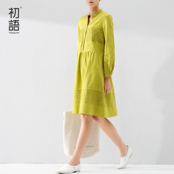 Toyouth Autumn New Women One Piece Dress Solid Elegant Stand Collar Full Length Dress Female Casual Knee-Length Dress