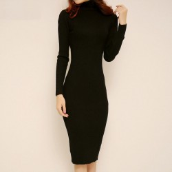 Turtleneck Sweater Dress  Autumn Winter Brief High Neck Long Sleeve Stretch Bodycon Dress Knitted Sweater Dresses For Women