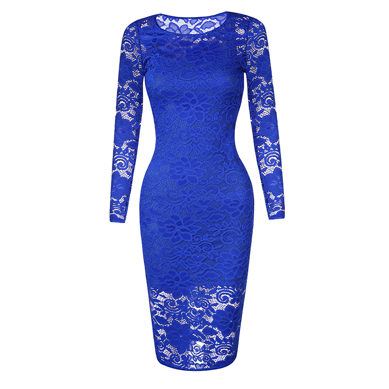 Women Bodycon Club Midi Lace Blue Dress Solid Full Sleeve Knee-length ...