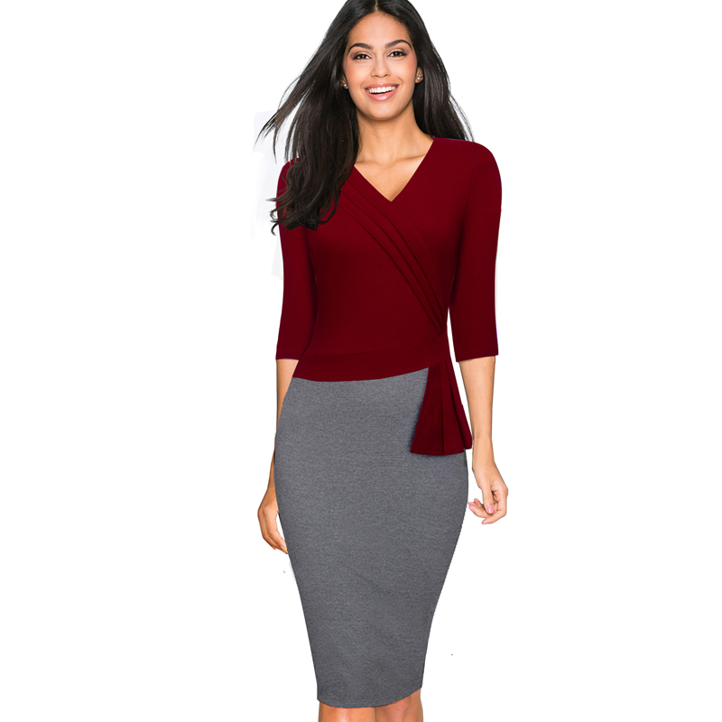 Women Casual Wear To Work Office Sheath Fitted Pencil Dress Autumn ...