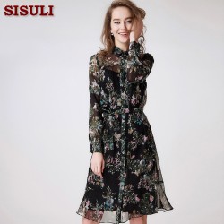 Women Silk Chiffon Dress 2683 100%Pure Silk Women Floral Printed Silk Dress Vintage Summer Dress 2016 Shirt Dress