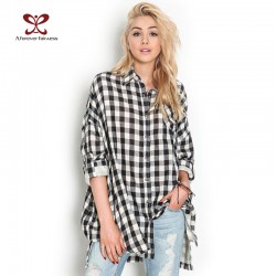 Women Tops Clothes 2016 Punk Style Long Sleeve Casual Long Black White Plaid Shirts Blouses Loose Plus Size Blusas Femininas 429