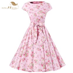 Womens Summer Elegant Belted 50s Vintage Dress Pin Up Retro Rockabilly Floral Print Cap Sleeve Pink Party Wiggle Swing Dress 257