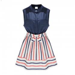 Womens Summer Style Fashion Stand Collar Stripes Spell Color Slim Sleeveless Dress Plus Size PA3251