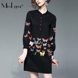 XXXL 4XL 5XL Plus Size Women Shirt Dress 2017 Spring Stand Collar Long Sleeve Butterfly Embroidery Slim Casual Elegant Dresses