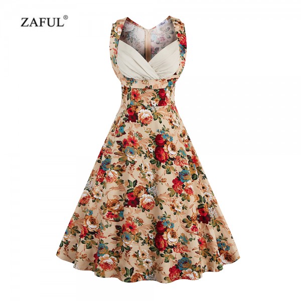 ZAFUL Women Rockabilly Vintage Dress 50s Audrey A Line Retro dress Plus Size Cotton Golden Floral Print Party feminine Vestidos 