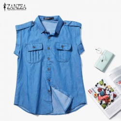 ZANZEA Women Summer Demin Blue Solid Tops Vintage Blouses 2018 Ladies Sexy Blusas Lapel Neck Short Sleeve Pockets Buttons Shirts