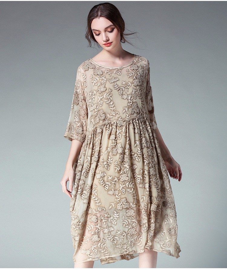 2017 Summer Women Plus Size Loose Fit embroidery Dress Set Elegant Silk ...