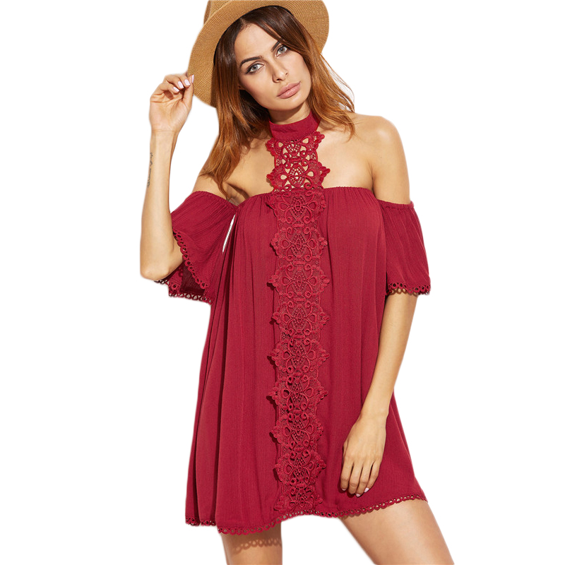 SheIn New Arrival Dress 2017 Clothes Women Burgundy Embroidered Lace ...