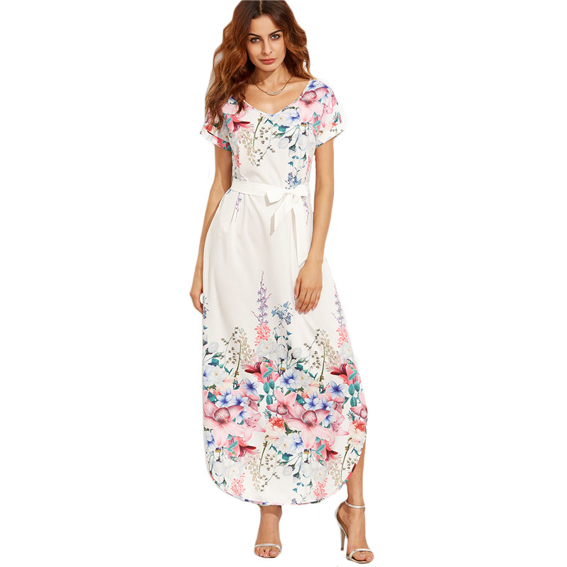 SheIn Summer Floral Long Dresses For Woman Boho White Flower Print V ...